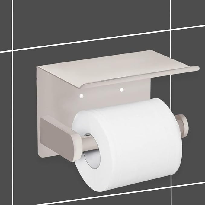 VAEHOLD Self Adhesive Toilet Paper Holder with Phone Shelf SUS 304 Stainless Steel Wall Mounted Toilet Paper Roll Holder - Rustproof and Bathroom Washroom Tissue Roll Holder with Shelf -Beige