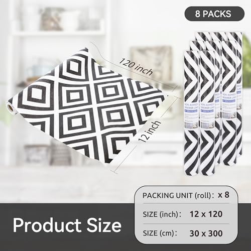 FIFTY FEET 12"x120" Non-Adhesive Shelf Liner for Kitchen Cabinets and Drawers, Washable Non-Slip PVC Cabinet Liner (Black Plaid)(8 Roll)