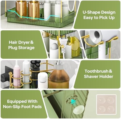 Bathroom Counter Organizer with Hair Dryer Holder and Toothbrush Holder, Acrylic Vanity Tray for Skincare, Perfume, Makeup Storage on Countertop ＆ Dresser (Green, 3-Tier)