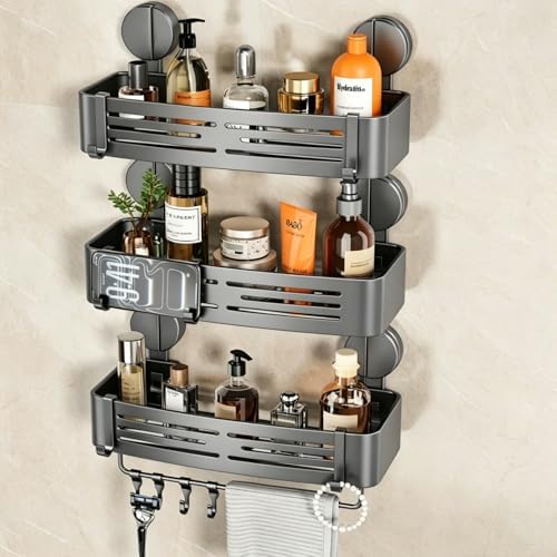 VOLPONE Shower Caddy Suction Shower Shelf No Drilling Shower Organizer Suction Cup Shower Storage Rack Aluminum Wall Mounted Shampoo Holder with Towel Bar Hooks (3-Pack, Matte Gray)