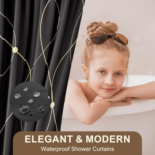 XLHOMO Black and Gold Bathroom Accessories Set - 24PCS with Shower Curtain, Rugs, and Waterproof Curtain Set