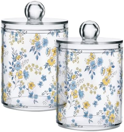 2 Pack Apothecary Jars Bathroom Blue Yellow Floral Qtip Holder Dispenser Clear Plastic Storage Canister Jar with Lid for Cotton Ball, Cotton Swab