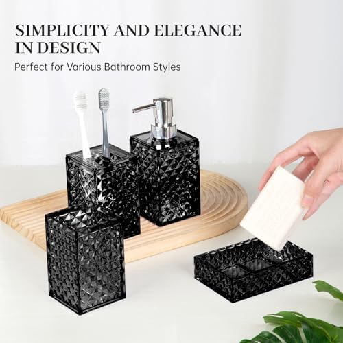 Bathroom Accessory Set, Grid Pattern 4 Pcs Plastic Bathroom Set, Black