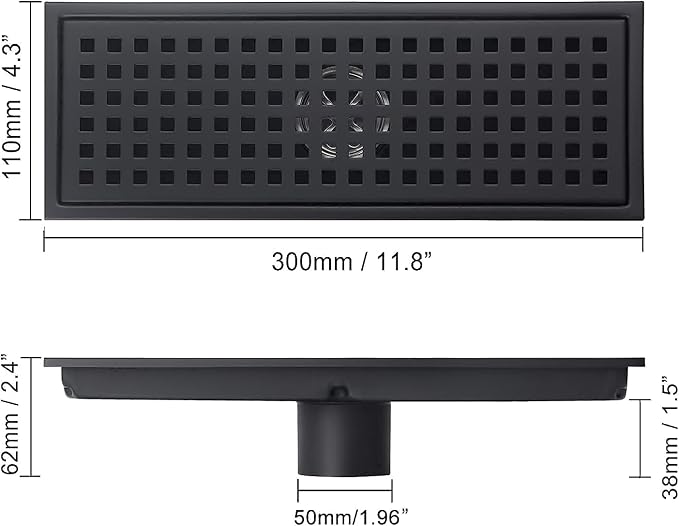 12 Inch Rectangular Shower Floor Drain, Detachable to Insert The Mesh Grille Cover, SUS304 Stainless Steel, Matt Black