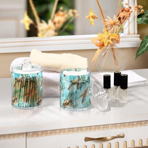 ALAZA 2 Pack Qtip Holder Sea Turtles Aqua Pattern Seaweeds, Cotton Swab Dispenser with Lid Bathroom Containers Canister Organizer Storage Jar