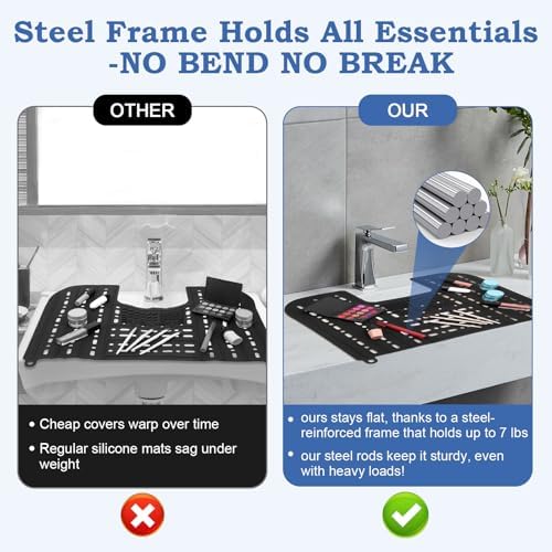 Bathroom Sink Cover for Counter Space,Foldable RV Sink Cover,Heat-Resistant Silicone Makeup Brush Cleaner Mat with Reinforced Steel Rod Frame,21.7x16.9 Inch Sink Covers with Hanging Loop