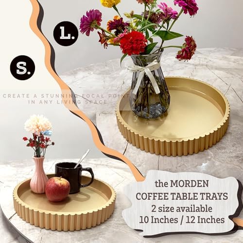 Modern Table Round Decorative Trays 2pcs Home Decor - Circle Coffee Table Centerpiece Set 12"/10" - Wooden Golden Ottoman Tray with Fluted Edge