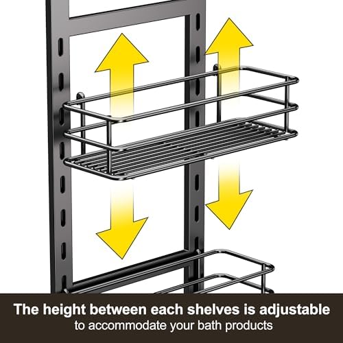 Orimade Adjustable Anti-slip Shower Caddy over Head, Rustproof Bathroom Hanging Organizer with 2 Hooks for Razor, No Drilling Shower Shelves Storage Rack 3 Tier, Black