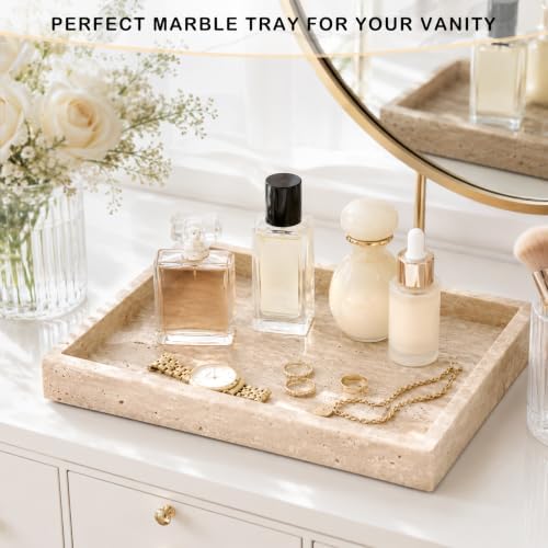 Marble Bathroom Tray for Countertop & Home Decor, Natural Decorative Marble Tray for Jewelry & Perfume Organizer, Stone Vanity Trays for Dresser, Kitchen Counter, 12" x 8", Beige Travertine