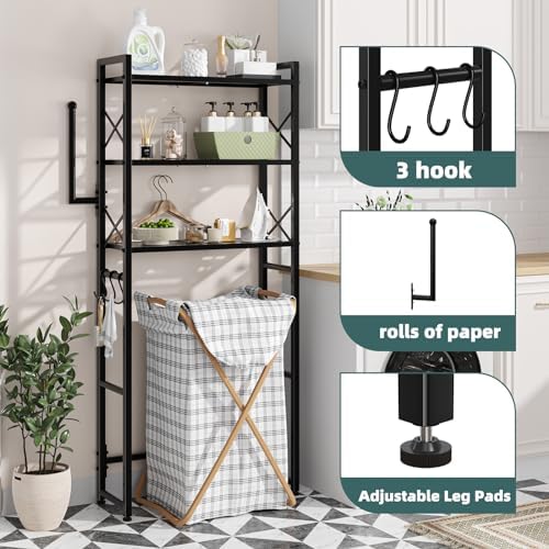 Simple Trending Over The Toilet Storage Rack with Toilet Paper Holder, Heavy Duty Metal 3 Tier Bathroom Organizer Shelf with 3 Hooks,Black