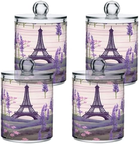 Eiffel Tower Lavender (2) 4 Pack Clear Plastic Qtip Holder Dispenser Set,Bathroom Storage Canister for Cotton Swabs, Balls, Dental Floss,Pads,Organize with Apothecary Jars