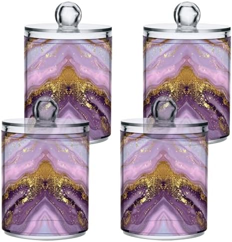 MNSRUU 2 Pack Qtip Holder Organizer Dispenser Marble Purple Gold Bathroom Storage Canister Cotton Ball Holder Bathroom Containers for Cotton Swabs/Pads/Floss