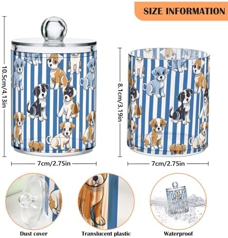 2 Pack Qtip Holder Organizer Dispenser Cute Puppies Blue White Stripes Bathroom Storage Canister Cotton Ball Holder Container for Cotton Pads/Swabs/Floss