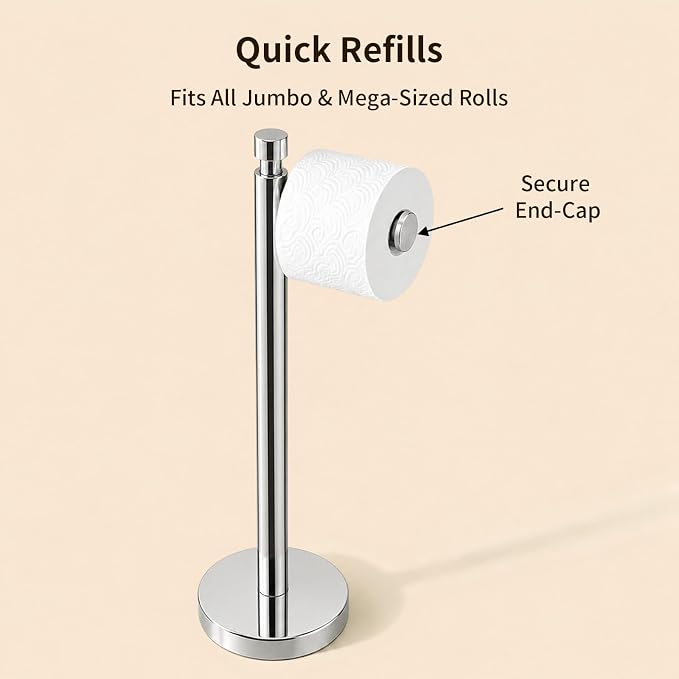 Toilet Paper Holder Stand with Weighted Base, Chrome | Stainless Steel Design with Open-Arm Access for Bathrooms and Powder Rooms