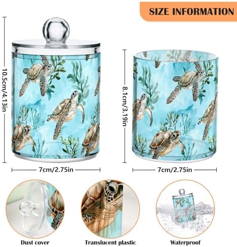 ALAZA 2 Pack Qtip Holder Sea Turtles Aqua Pattern Seaweeds, Cotton Swab Dispenser with Lid Bathroom Containers Canister Organizer Storage Jar