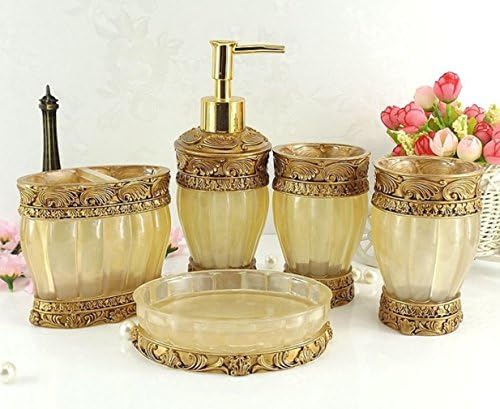 AMSS 5 Piece Stunning Bathroom Accessories Set in Crystal Like Resin Tumbler Dispenser Soap Dish Cups (Yellow)