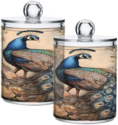 ALAZA Peacock Peony Flower Floral 2 Pack Qtip Holder Dispenser for Cotton Swabs, Balls, Pads, Floss 10 oz Plastic Canister Organizer