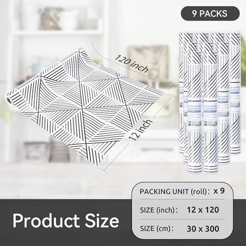 FIFTY FEET 12"x120" Non-Adhesive Shelf Liner for Kitchen Cabinets and Drawers, Washable Non-Slip PVC Cabinet Liner (Black Modern)(9 Roll)