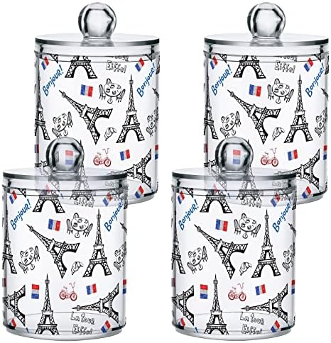 France Paris Tower 4 Pack Plastic Qtips Holder Bathroom Organizer Canisters for Cotton Balls/Swabs/Pads/Floss,Plastic Apothecary Jars for Vanity