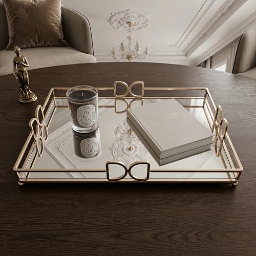 13X 10 Inch Glass and Gold Rectangle Tray ，Dinner Plate Perfume and Vanity Tray - Decorative Mirrored Vanity Tray with Gold Metal Cutout Design, Jewelry Organizer (13 Inch DD Tray)