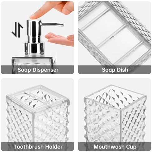 Bathroom Accessory Set, Grid Pattern 4 Pcs Plastic Bathroom Set, White