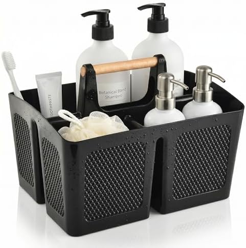 Haundry Plastic Shower Caddy with Wooden Handle, Portable 3-Compartment Bathroom Organizer Basket with Drainage Holes, Quick Dry Shower Basket for Dorm, College, Cleaning Supplies
