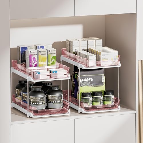 Delamu 2-Tier Multi-Purpose Bathroom Under Sink Organizers and Storage, Stackable Kitchen Pantry Organization, Pull Out Medicine Cabinet Organizer with Movable Dividers, Light Pink, 2 Pack