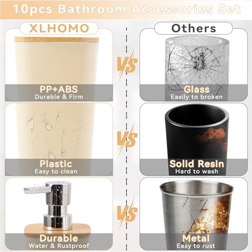 Beige Bathroom Accessories Set 9 Piece Bathroom Accessory Set with Trash Can,Toothbrush Holder,Toothbrush Cup,Lotion Soap Dispenser,Vanity Tray,Soap Dish,Toilet Brush,Qtip Holder