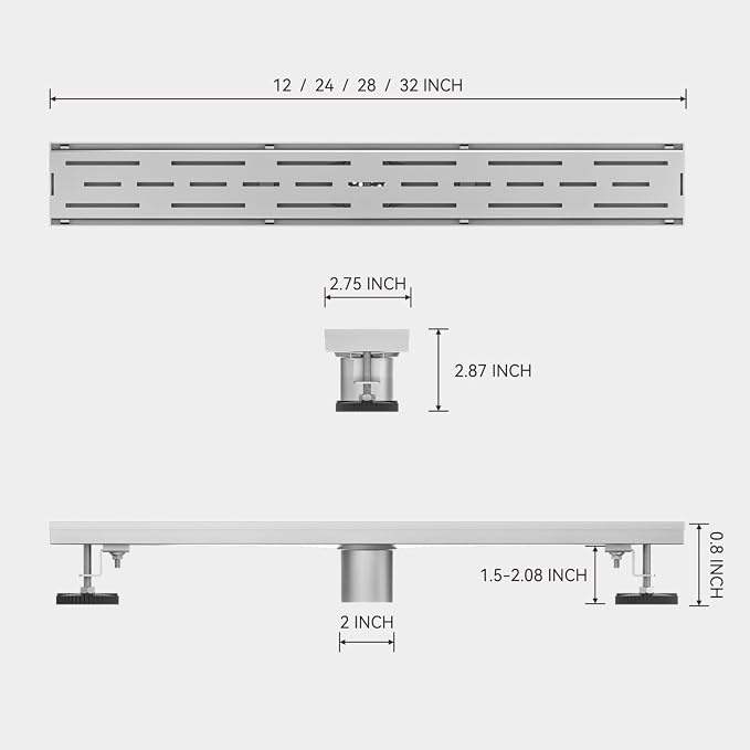 ELLO&ALLO 28 Inch Linear Shower Drain Brushed Nickel, SUS304 Stainless Steel Rectangle Shower Floor Drain with Removable Pattern Grate