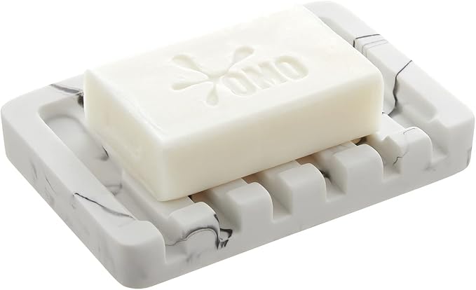 INIUNIK 2PCS Self Draining Soap Dish - Marble Look Soap Holder Tray Savers Box Container Sponge Holder for Bathroom Shower Kitchen, White