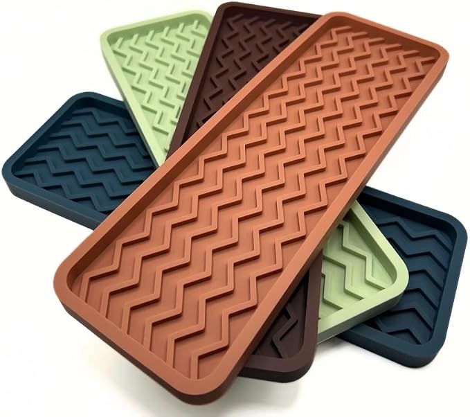 Silicone Sink Organizer Tray, Rectangular, Modern Style, Heat Safe, Dishwasher Safe, for Bathroom and Kitchen Organization (Smoky Blue, 12"x4", Chevron Pattern)