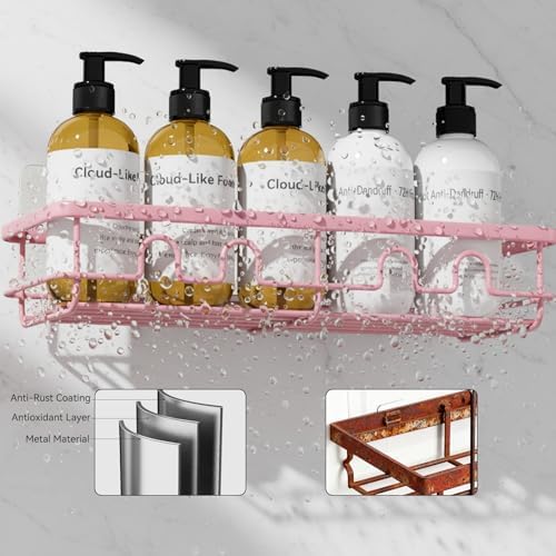 Adhesive Shower Caddy, Large Capacity Shower Racks for Inside Shower, No Drill Bathroom Shower Organizer and Storage, 2 Pack Pink Bathroom Shelves, Home Decor Rv Accessories, Apartment