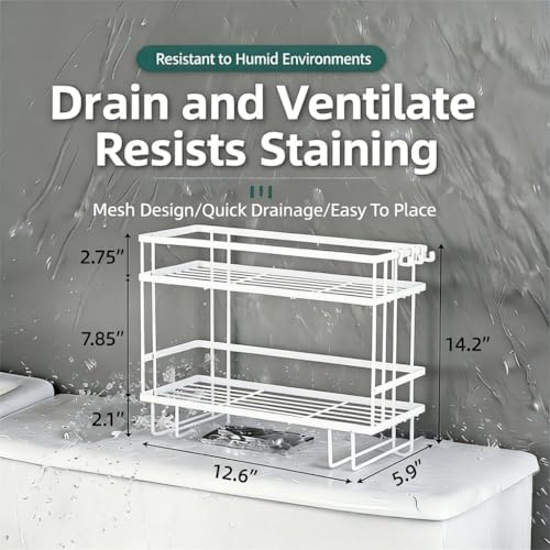 Over The Toilet Storage Rack - Bathroom Organizer Shelf, 2-Tier Floating Shelves with Hooks, No-Drill, Toilet Paper Holder for Restroom Bathroom Vanity Kitchen (White)