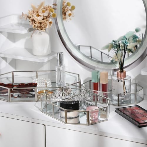Jetec 3 Pieces Mirror Glass Vanity Tray Silver Ornate Makeup Tray Metal Vintage Octagonal Perfume Dresser Trays for Bedroom Home Decor Dresser Hotel, 3 Sizes