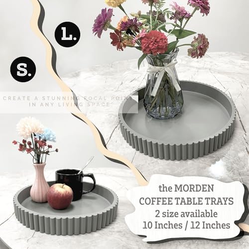 Modern Table Round Decorative Trays 2pcs Home Decor - Circle Coffee Table Centerpiece Set 12"/10" - Wooden Cool Grey Ottoman Tray with Fluted Edge