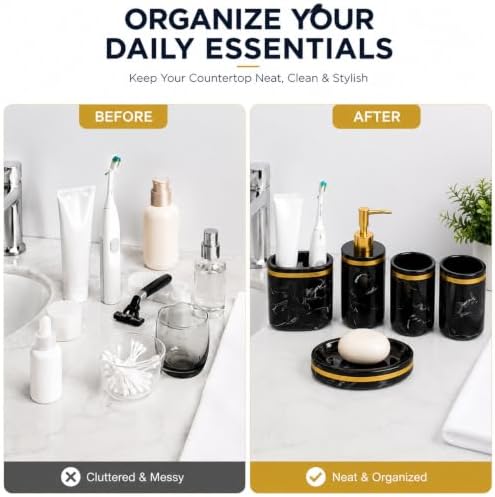 5-Piece Bathroom Counter Top Accessory Set - Dispenser for Liquid Soap or Lotion, Soap Dish, 2 Tumblers and Toothbrush Holder, Marble Pattern Resin (Classic Black)