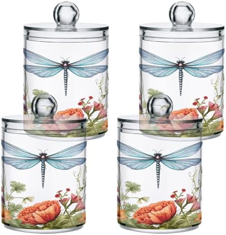 4 Pack Qtip Holder Dispenser With Lids, Dragonfly Flowers Floral Plastic Storage Containers, Bathroom Canisters Organizer for Cotton Ball, Swab, Round Pads, Floss 21214449