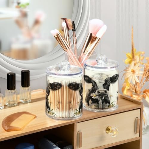 Watercolor Cow Qtip Holder 2 Pack - 10 Oz Clear Plastic Apothecary Jar Set for Bathroom Organization - Versatile Canister Storage for Cotton Balls, Swabs, Rounds