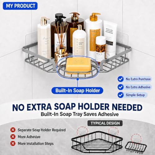 Corner Shower Caddy, Rustproof Shower Organizer with Soap Holder and 8 Hooks, No Drilling Adhesive Shower Shelves for Inside Shower, Large Capacity Shower Rack for Bathroom Shower Storage, Grey