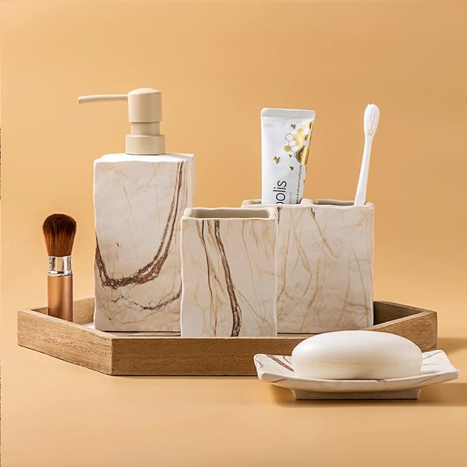 RQYIXI Ceramic 4-Piece Bathroom Accessories Set, Brown, Marble Design | marble look ceramic square design unique veining pattern modern countertop organization