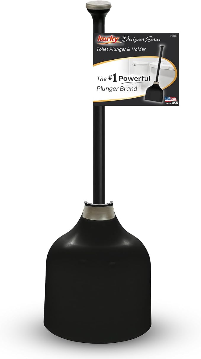 Korky Black Toilet Plunger and Holder – Fast Clog Removal - Made in USA