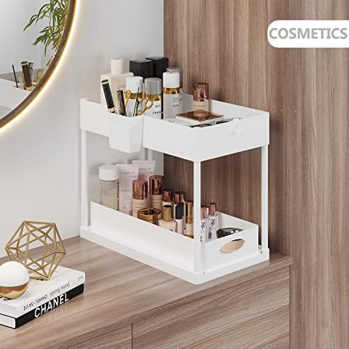 Under Sink Organizers and Storage | Bathroom Cabinet Organizer, Sink Shelf with Utility Hooks and Side Caddy for Under Cabinet Storage | White (1-Pack) Under Kitchen Sink Organizer with Sliding Drawer