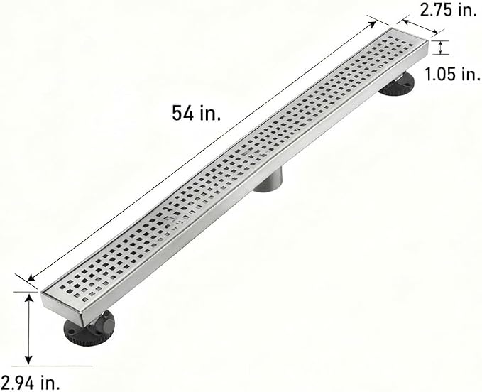 AVSIILE Linear Shower Floor Drain, Brushed Nickel 54 Inch 304 Stainless Steel Bathroom Drains Kit, Long Rectangular Shower Trench Drain with Square Pattern Drain Cover & Hair Catcher