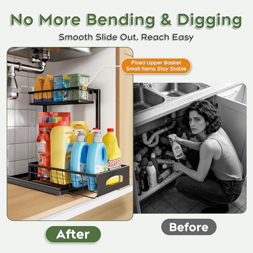 Under Sink Organizer, 1-Pack L-Shaped Metal Pull-Out Drawers for Kitchen