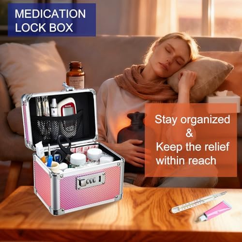Medicine Lock Box with 3-Digit Combination Lock – Pink Lockable Storage Box for Medication, Small Lock Box for Valuables, 7" Locking Medicine Box, Lock Box for Home Travel Dorm