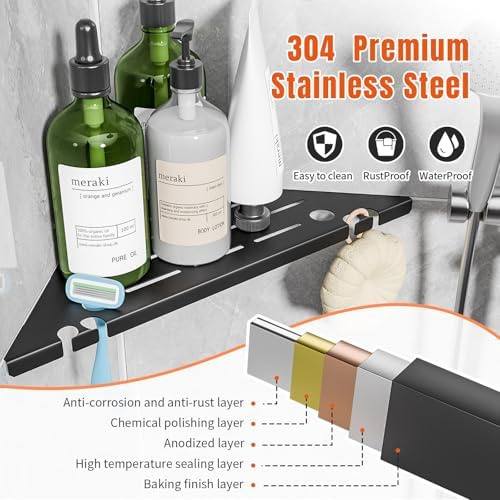Corner Shower Shelves with Razor Hole & Hooks, Modern Sturdy Shower Shelves