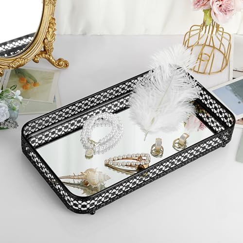 ELLDOO Black Mirror Glass Perfume & Makeup Vanity Tray, Large Size