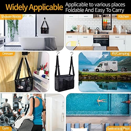 4 Storage Pockets Adjustable Hanging Mesh Bathroom Bag, Shower Caddy College with Hooks, Applied to College Dorm Rooms, Gym, Swimming and RV Travel (Black)