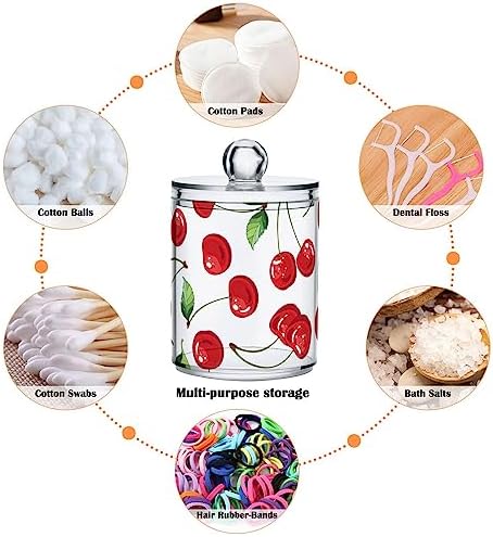 Cherry Fruits Canisters with Lids for Bathroom Vanity, Clear Plastic Jars Set of 2, for Cotton Balls, Cotton Pads, Qtips 4.13 x 2.75 in
