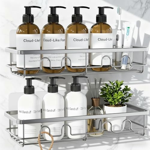Adhesive Shower Caddy, Large Capacity Shower Racks for Inside Shower, No Drill Bathroom Shower Organizer and Storage, 2 Pack Silver Bathroom Shelves, Home Decor Rv Accessories, Apartment